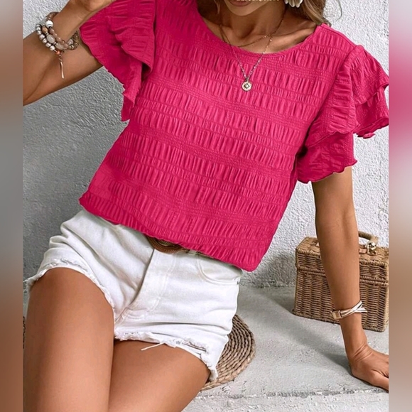 New Chic Textured Stripe Flutter Sleeve Top Blouse Hot Pink - Picture 3 of 9